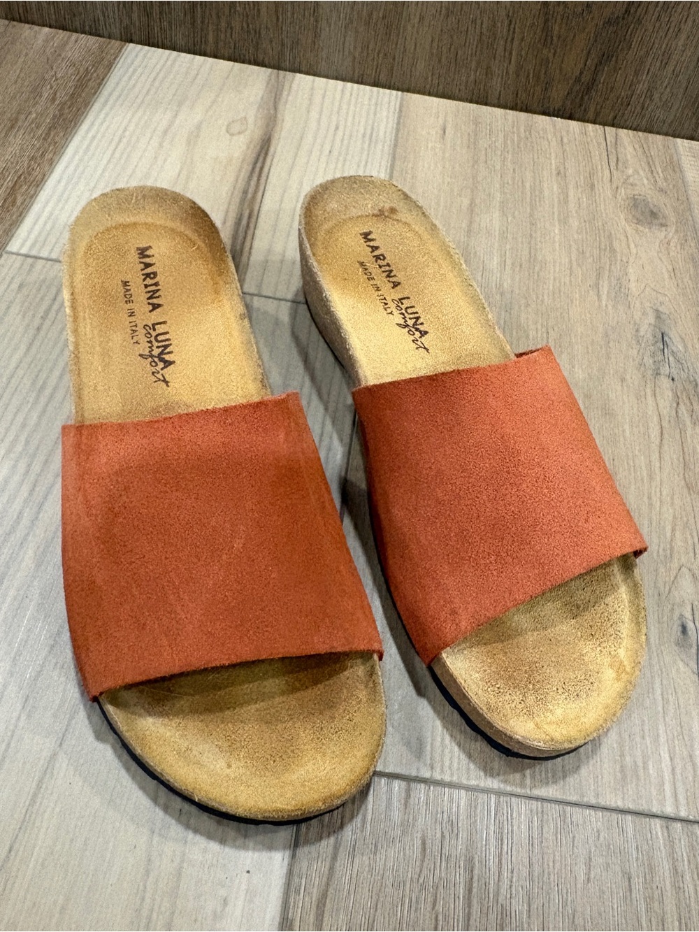 Marina Luna Mirta Italian Leather Wedge Sandals Mules Rust Size 9 Made in Italy